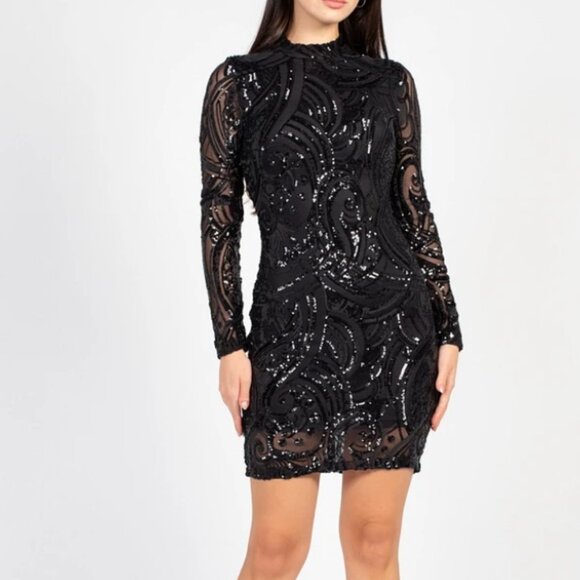 Honey- Long Sleeve Sequined Black Dress - Picture 1 of 7